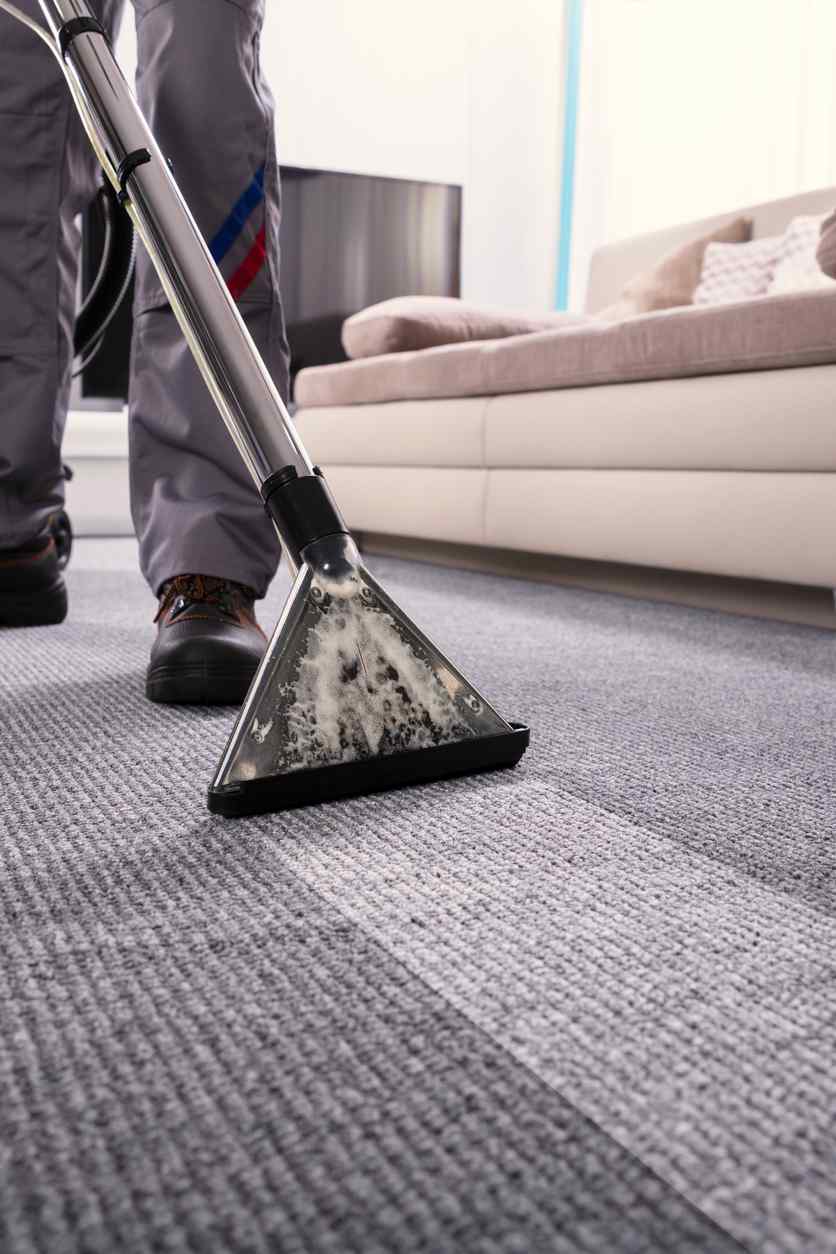 Person cleaning carpet with professional steam cleaner